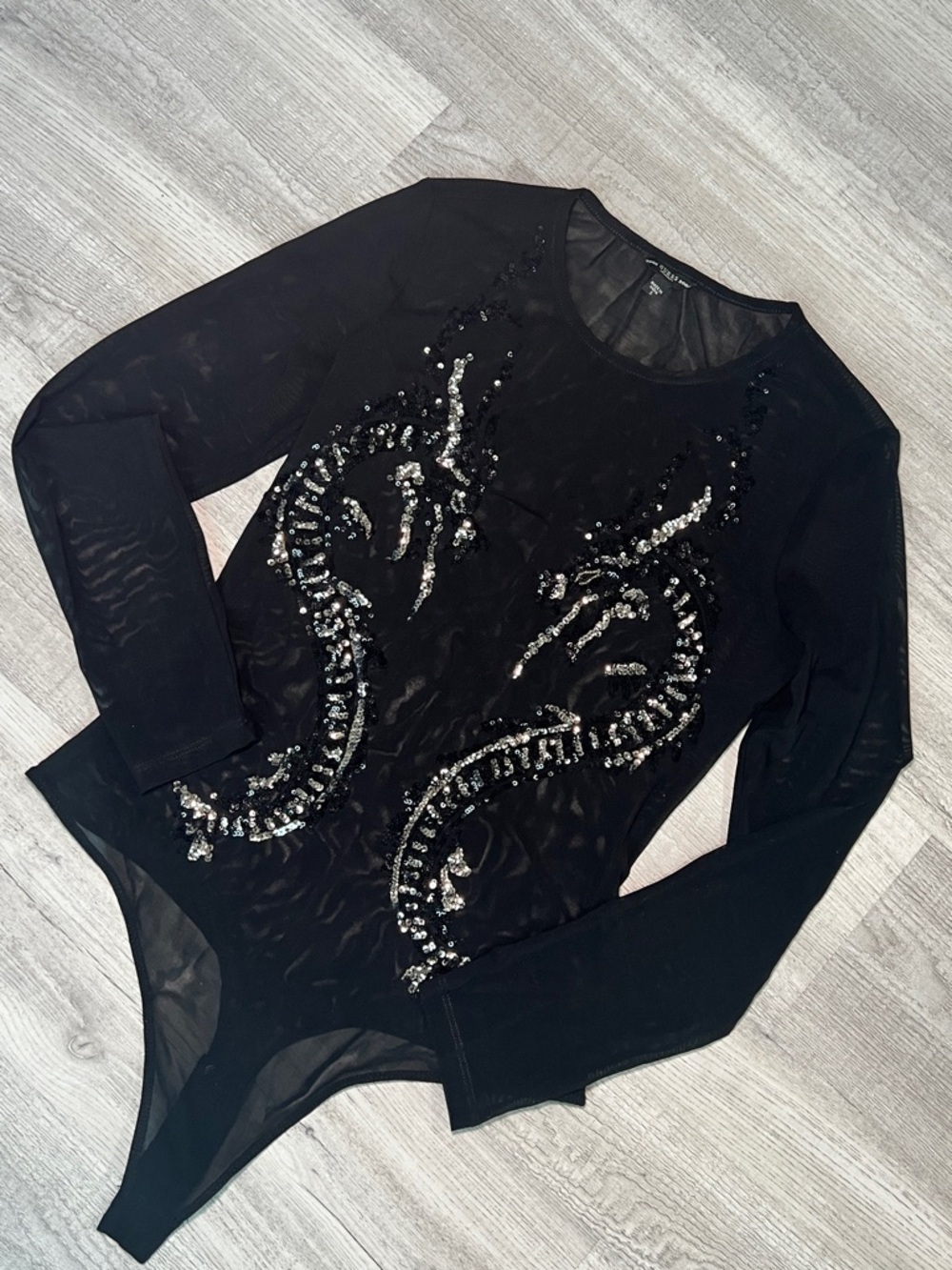 GUESS Black Sheer Long Sleeve Sequin |Dragon Mesh Bodysuit - Picture 2 of 10